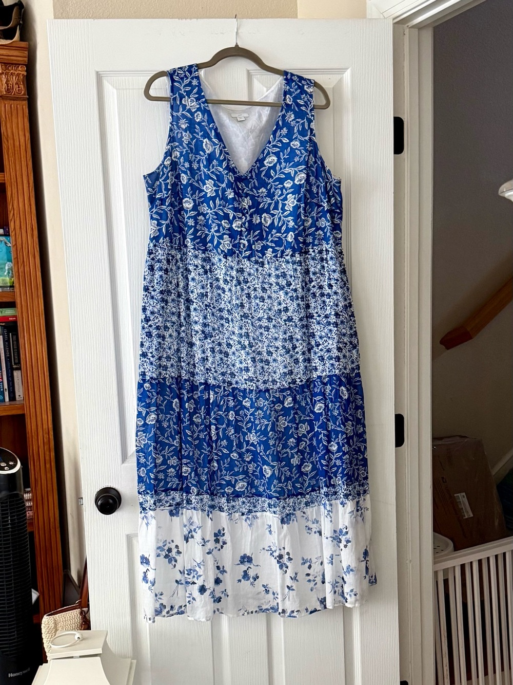 J. Jill Blue and White Floral Tiered V-Neck Maxi Dress